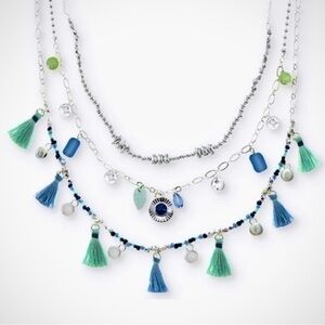 Style & Co Silver-Tone Mixed Bead, Charm & Tassle Long Layered Necklace Boho NIB